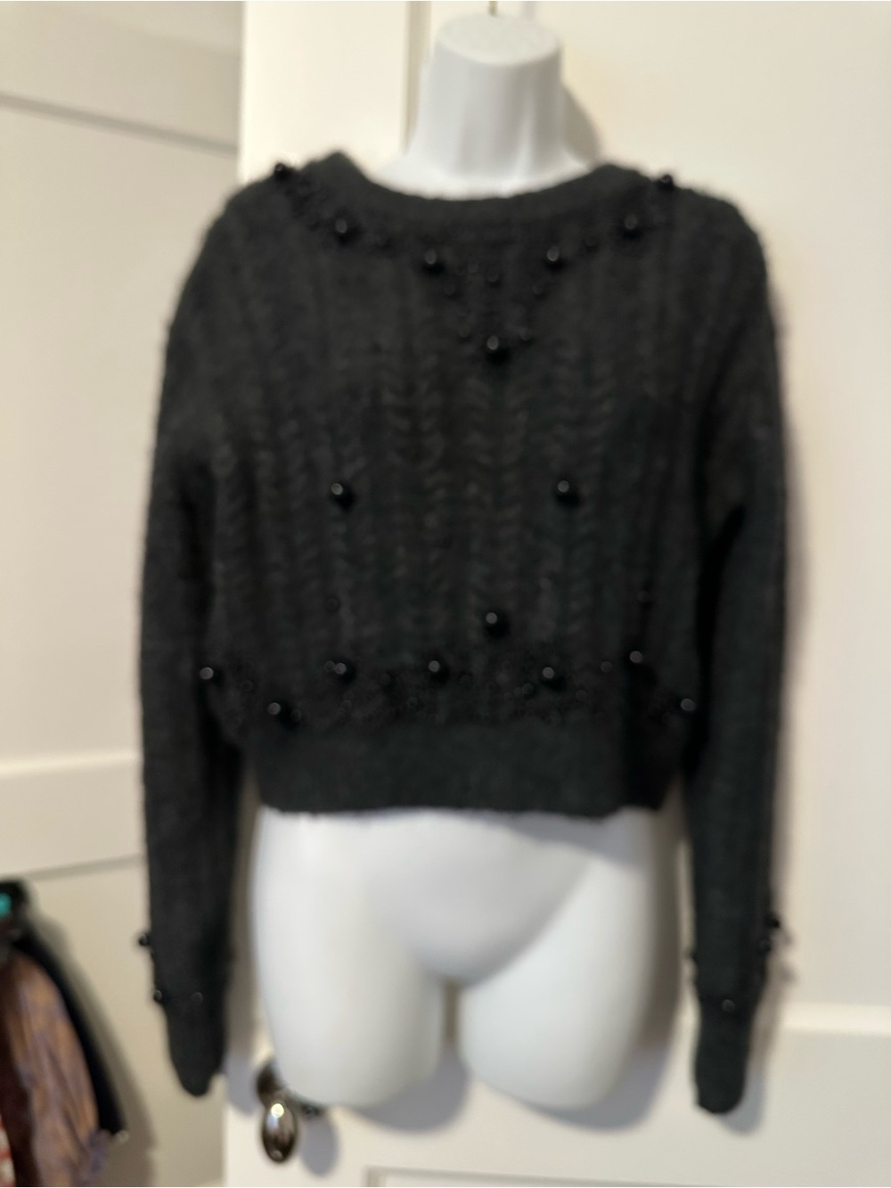 Zara Black Beaded Cable Knit Crewneck Sweater with beads
